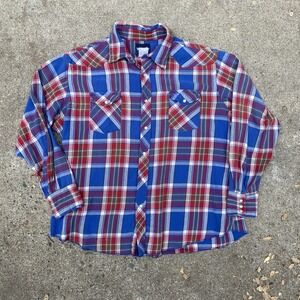 Vintage 90s Wrangler Plaid Cotton Pearl Snap Shirt XL Distressed Flannel